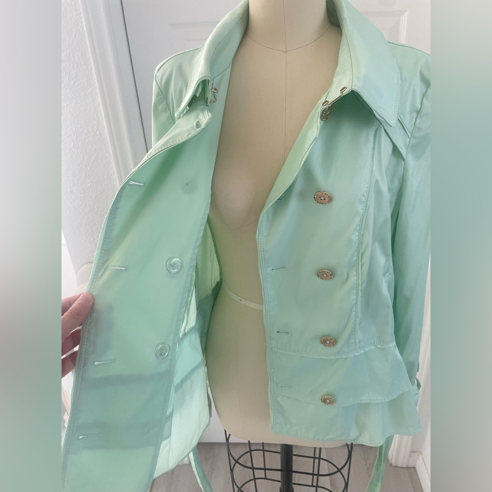 White House black market long sleeve double breasted ruffle, mint jacket. - Picture 10 of 16